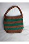 Women's Green Brown Raffia Knitted Snap Fastener Hand Shoulder Bag Width 26 cm Length 27 cm Depth 11 cm - 4