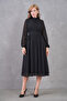 Lined Chiffon Fabric Long Sleeve Stand Collar Flared Cut Midi Length Black Chiffon Dress 094