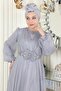 Pearl Detailed Draped Glittery Evening Dress Gray 19189 - 2