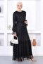 Pearl Lace Flounce Sleeve Evening Dress Black 12213