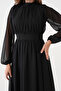 Lined Chiffon Fabric Stand Collar Flared Cut Long Sleeve Midi Length Black Evening Dress 094 - 7