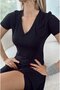 V-Neck Lycra Slit Detail Flared Dress Black - 5