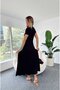V-Neck Lycra Slit Detail Flared Dress Black - 6