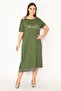 Women's Large Size Khaki Glitter Detailed Front Printed Dress 65n27215