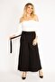 Women's Large Size Black Lycra Sandy Fabric Wide Leg Belted Trousers 65n34288 - 5