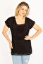 Women's Large Size Black Low Collar Blouse with Lace Detail on Collar and Hem 65n34531