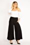 Women's Large Size Black Lycra Sandy Fabric Wide Leg Belted Trousers 65n34288