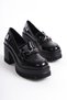 Genuine Leather Mberr604-S Women's Thick Heeled Patent Leather Buckle Detail Black College Heeled Shoes
