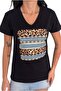 Women's Leopard Print Black V-Neck 100% Cotton T-Shirt - 2