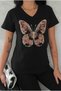 Women's Black Butterfly Embroidery Sequin Embroidered 100% Cotton V-Neck T-Shirt S-M-L - 3