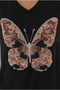 Women's Black Butterfly Embroidery Sequin Embroidered 100% Cotton V-Neck T-Shirt S-M-L - 2