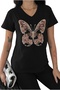 Women's Black Butterfly Embroidery Sequin Embroidered 100% Cotton V-Neck T-Shirt S-M-L