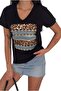 Women's Leopard Print Black V-Neck 100% Cotton T-Shirt - 3