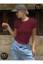 Women's Burgundy Crew Neck Stretch Fabric Watermelon Sleeve Body Crop T-Shirt Summer Stretchy Fabric - 5