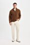 Brown Non-Pilling Cold-Proof Regular Fit Mock Neck Zippered Fleece Sweatshirt Y3996Azn - 2