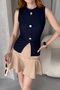 Women's Crew Neck Gold Button Detailed Front Slit Sleeveless Blouse Navy Blue - 6