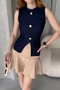 Women's Crew Neck Gold Button Detailed Front Slit Sleeveless Blouse Navy Blue