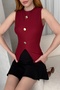 Women's Crew Neck Gold Button Detailed Front Slit Sleeveless Blouse Burgundy - 4
