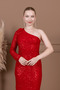 Sequin Patchwork One-Sleeve Pencil Long Dress - Red - 3