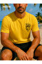 Orki Tropical Diamond Men's Summer Shorts Set – Palm Printed Yellow T-Shirt & Black Shorts - 2
