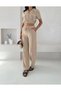 Linen Fabric Oversize Shirt & Trousers Double Set-Beige-Ww4154 - 5