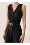 Belted Button Detailed Waist Fitting Linen Jumpsuit-Black-Ww7362 - 4