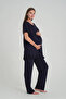 Women's Navy Blue Special Design 100% Cotton Summer Maternity Maternity Dressing Gown Pajama Set Set - 4