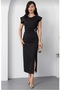 Crew Neck Gold Accessory Detailed Drawstring Atlas Fabric Premium Very Stylish Midi Dress - 4