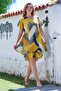 Italian Yellow V-Neck Short Sleeve Patterned Lined Casual Linen Look Woven Dress 96 64 - 8