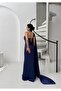 Navy Blue One Shoulder Shawl Detailed Asymmetrical Satin Evening Dress - 5