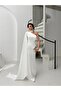 White One Shoulder Shawl Detail Asymmetrical Satin Evening Dress - 2