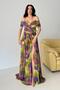 Green Boat Neck Patterned Tulle Evening Dress