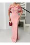 Powder Boat Neck Pearl Detailed Evening Dress - 5