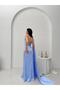 Baby Blue One Shoulder Shawl Detailed Asymmetrical Satin Evening Dress - 5
