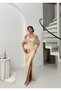 Beige Boat Neck Pearl Detailed Evening Dress - 2