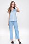 Women's Blue Soft Textured Zero Sleeve V Neck Blouse - Straight Cut and Wear Out - 3