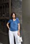 Indigo V-Neck, Short & Bat Sleeve, Self-Textured Fabric, Basic Fit/Cut, Loose Blouse & T-Shirt - 5