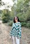 Women's Khaki Round Neck, Long Sleeve, Zigzag Pattern, Loose Blouse - 4