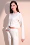Women's Ecru Long Sleeve Self Textured Pocket Crop Sweatshirt, Loose Cut Blouse - 5
