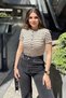 Women's Beige Striped, Buttoned Round Neck, Anti-Sweat Fabric, Regular Fit, Short Sleeve Blouse - 5