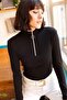 Women's Black Zipper Detail, Stand Collar, Long Sleeve, Basic, Regular Fit, Standard Length Blouse - 3