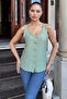 Women's Khaki Round Neck and Button Detailed, Thick Strap Linen Tank Top Blouse - 2