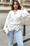 Women's White Double Breasted Collar, Cross Tie, Flare Sleeves, Loose Muslin Blouse