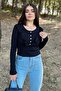 Women's Black Round Neck, Long Sleeve, Frill Detailed Half Placket Snap Camisole Blouse