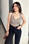 Beige Striped, Slim Fit, Round Neck, Sweatproof, Crop Blouse & Undershirt - 4