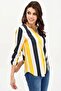 Women's Black & Yellow Collar Slit Striped Crepe Blouse Three Quarter Sleeve Quality Textured Fabric - 5