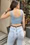 Women's Blue Lace-Like Knit Mercerized Knit, Breathable, Strappy Cropped Blouse - 5