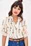Women's Ecru Classic Collar Chain Patterned V-Neck Satin Blouse - Three Quarter Sleeve, Regular Fit, Standard Size - 7
