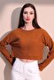 Women's Mustard Long Sleeve Self Textured Pocket Crop Sweatshirt, Loose Cut Blouse - 4