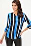Women's Black & Blue Slit Collar Striped Crepe Blouse Three Quarter Sleeve Quality Textured Fabric - 6